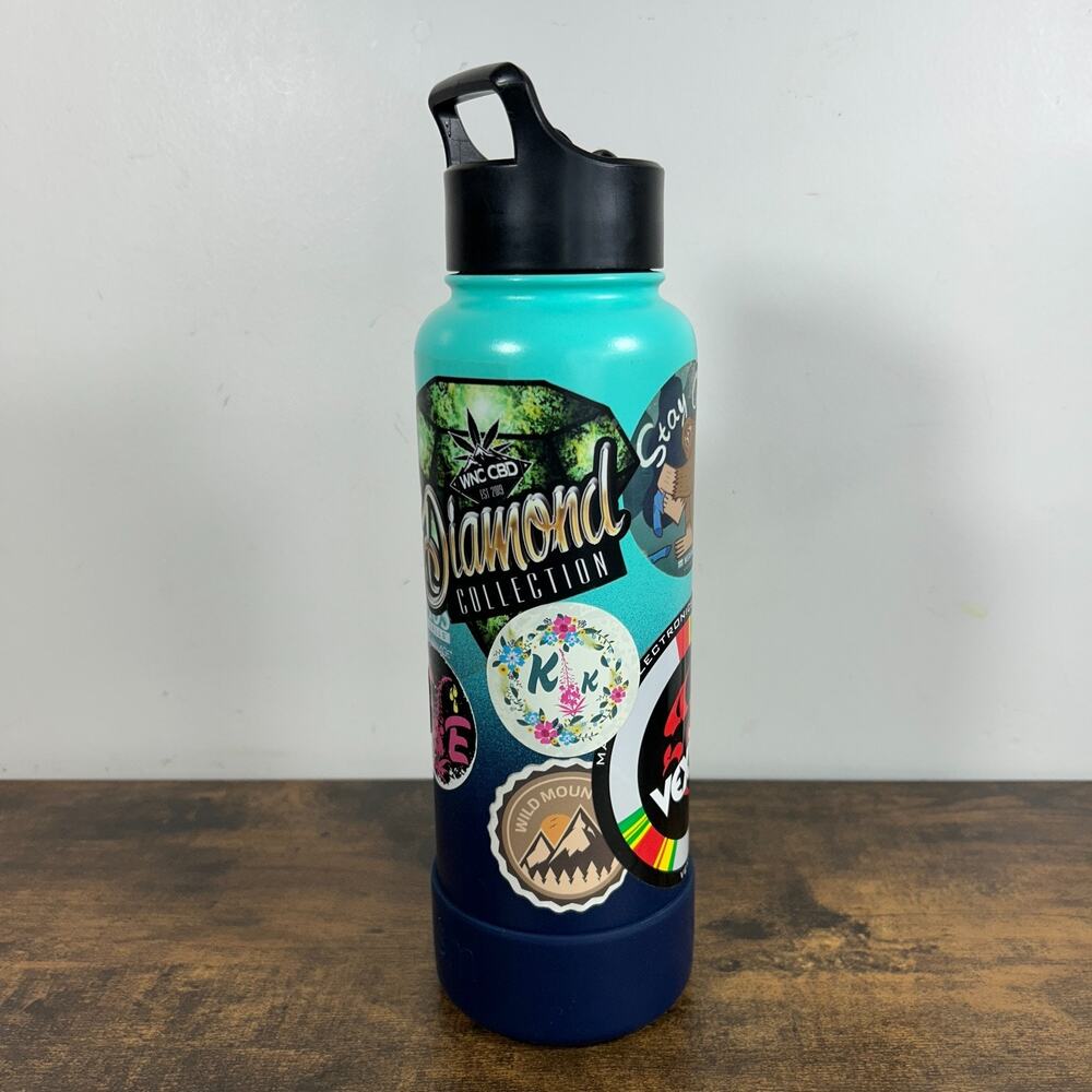 40oz Aqua Blue Stainless Steel Wide Mouth Simple Modern Water Bottle Stickers